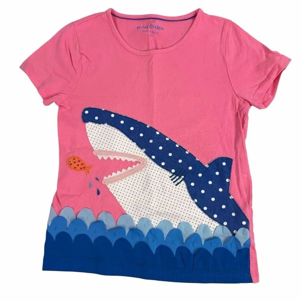 MIni Boden Shark Applique size 7-8 Short Sleeve T-shirt Pink